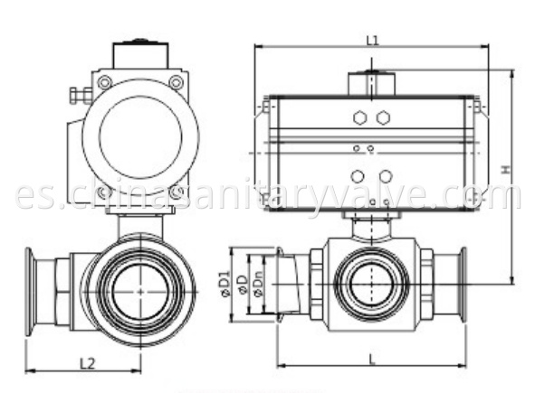 Food grade 3-way hygienic ball valves clamped pneumatic